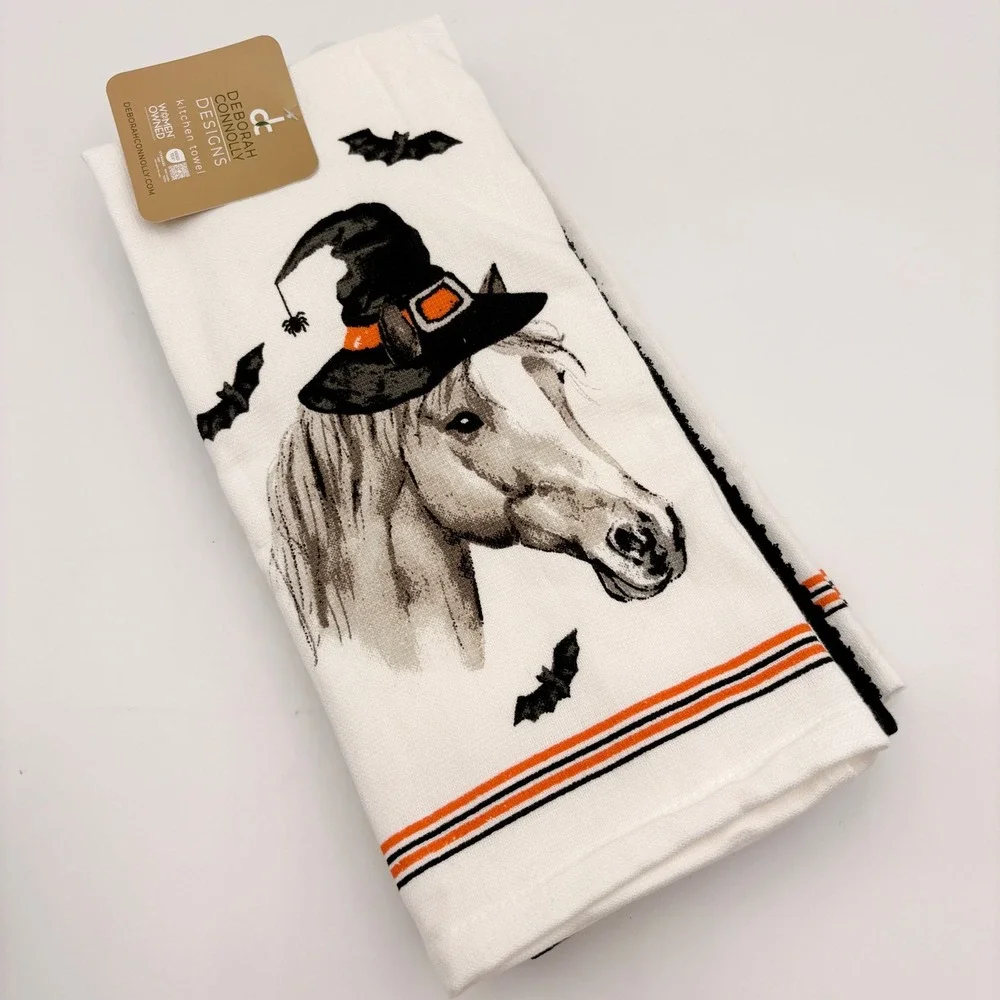 Deborah Connolly Designs Halloween Horse Witch Hat Kitchen Towel Set 2pk White